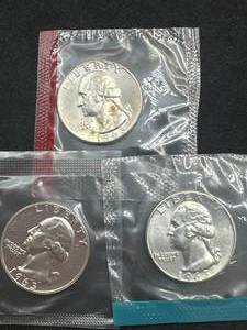 lot 20 image: Lot of 3 Uncirculated Silver Quarters from 1963