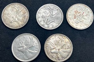lot 60 image: Lot of 5 Canadian Silver (80%) Quarters