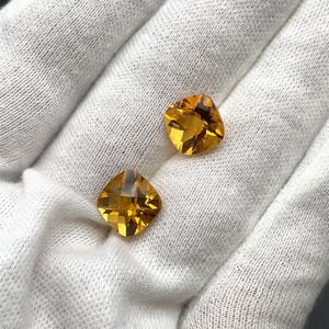 lot 25B image: 8.05 Carats Matching Sunset Citrine Cushions Fancy Checkerboard-Cuts. Great Pair, Rich, Deep and Vivid Color