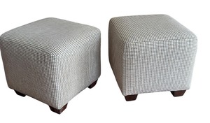 Pair of Stylish Neutral Houndstooth Pattern Upholstered Cube Ottomans