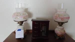 lot 2 image: 2 Matching Hurricane Lamps and Jewelry Box