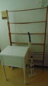 lot 40 image: Vintage Drying Rack, Sewing Machine Cabinet and Electric Broom