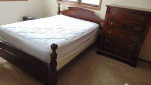 lot 41 image: 3 Piece Bedroom Set. Dresser with Mirror, Highboy and Bed with Mattress