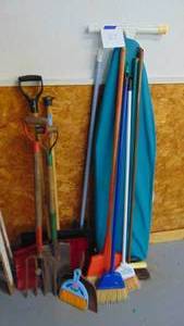 lot 87 image: Misc Yard Tools, Shovels, Brooms and Ironing Board