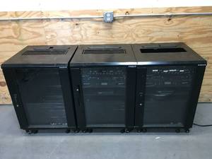 lot 21 image: Lot of 3 - Sanus 34 Steel Cases on Casters with Stereo Mixers and a Cracked Samsung 49 Monitor