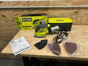 lot 41 image: RYOBI 1.2 Amp Corded 5.5 in. Corner Cat Sander with Dust Bag, Sample Sandpaper, and Storage Case