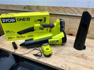 lot 145 image: RYOBI ONE 18V 100 MPH 350 CFM Cordless Battery Variable Speed Jet Fan Leaf Blower with 4.0 Ah Battery and Charger