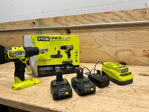 lot 157 image: RYOBI ONE HP 18V Brushless Cordless Compact 12in. DrillDriver Kit with (2) 1.5 Ah Batteries and Charger