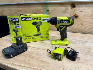 lot 193 image: RYOBI ONE 18V Cordless 14 in. Impact Driver Kit with 1.5 Ah Battery and Charger