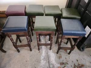 Set of 8 Wooden Bar Stools with Assorted Color Cushions