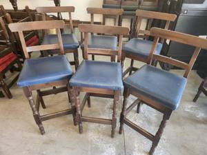 Set of 6 Dark Wood Bar Stools with Blue Cushioned Seats