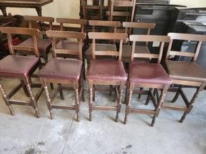 Set of 9 Rustic Wooden Bar Stools with Upholstered Seats