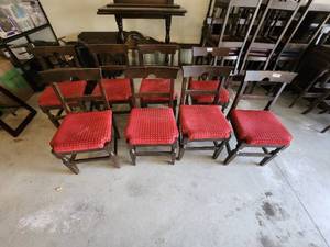 Set of 8 Wooden Dining Chairs with Red Fabric Upholstery