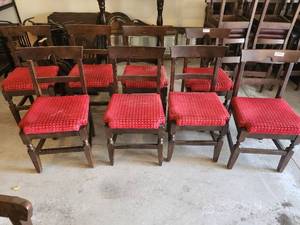 Set of 8 Wooden Dining Chairs with Red Fabric Upholstery