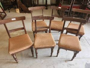 lot 7 image: Set of 6 Vintage Wooden Dining Chairs with Upholstered Seats