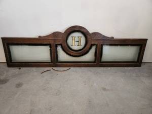 lot 18 image: Vintage Wooden Transom with Etched Glass Panels and Letter H