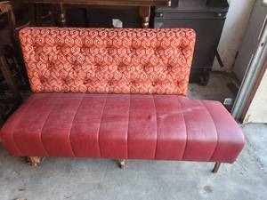 lot 23 image: Red Vintage Upholstered Bench with Patterned Backrest