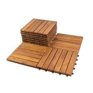 lot 27 image: 5 Boxes of Pro Space 12 in. x 12 in. Acacia Wood Interlocking Flooring Deck Tile Brown 6 Slats (10-Pack)  Customer Returns See Pictures