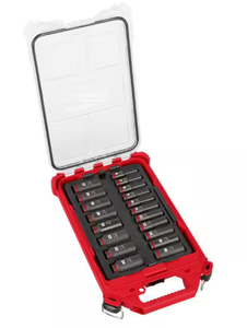 lot 296 image: 19PCS Milwaukee SHOCKWAVE Impact-Duty 38 Drive Metric Deep Well Impact PACKOUT Socket Set