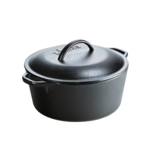 lot 449 image: Lodge 5qt Cast Iron Dutch Oven Preseasoned, Tarnish & Rust-Resistant, Black, 2-Piece Set, Hand Wash Only