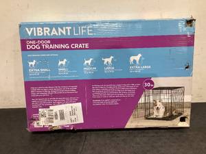 lot 693 image: Vibrant Life Single Door Folding Metal Wire Dog Crate with Divider and Tray, Black, 30