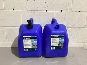 lot 713 image: LOT OF 2 Scepter Flow Control 5 Gallon Water Jug with Spigot, Leak-Proof Heavy Duty Water Can for Camping Supplies