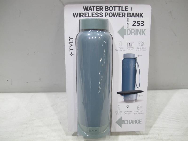 lot 439 image: NEW Tylt 12 Hour HotCold Water Bottle & Qi Wireless Power Bank, 24oz, Blue