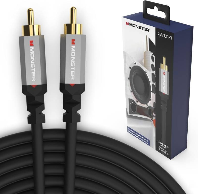 lot 881 image: Monster Essentials Premium Subwoofer Cable Connector for Home Theaters and Cars, RCA Subwoofer Audio Cable, 13.1ft