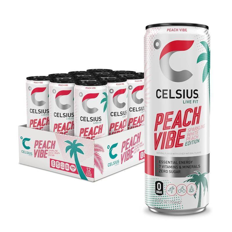 lot 329 image: NEW CELSIUS Sparkling Peach Vibe, Functional Essential Energy Drink 12 Fl Oz (Pack of 12)