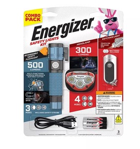 lot 296 image: NEW Energizer 3-Piece Safety Light - Flashlight, Headlamp, and Keychain Light
