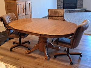lot 314 image: Wooden Dining Set with Dining Table, Rolling Chairs (x3), Leaf