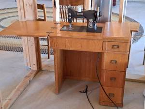 lot 329 image: Domestic Rotary Sewing Machine with Wood Sewing Table and Sewing Accessories