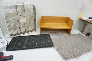 lot 61 image: Fan, Boot Mats, & small shoe shelf