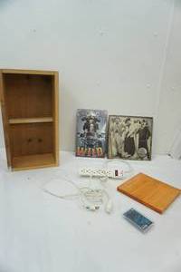 lot 110 image: Wooden box, 3 Stooges tin signs, wood plate and power strip