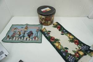 lot 194 image: Table Runner & 4lb tin 10 diameter 8 tall