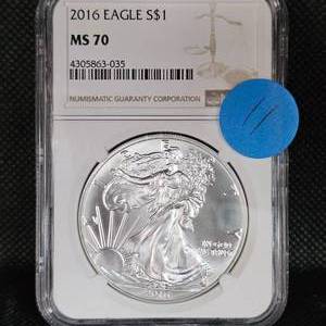 lot 11 image: 2016 $1 Silver Eagle NGC MS70