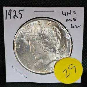 lot 29 image: 1925 Peace Dollar UNC MS62