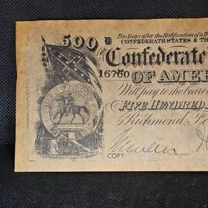 lot 36 image: 1864 $500 Confederate Copy, Large Note