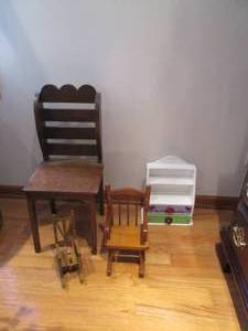 lot 31 image: Trio of assorted size wood doll cha...