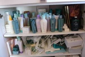 lot 216 image: 2 shelves packed with skin care and...