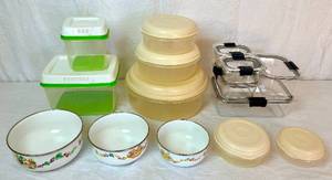 lot 68 image: Kitchen Storage Set - Rubbermaid Latch Cover Set, Tupperware Storage Bowls Set, Enamelware Mixing Bowls and Rubbermaid FreshWorks Produce Saver containers