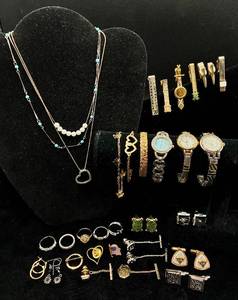 lot 81 image: Collection of Costume Jewelry - Watches, Necklaces, Bracelets, Cuff Links, Tie Tacks, Earrings and Pins
