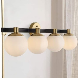 lot 41 image: JONATHAN Y Modernist Globe 34 in. 4-Light Brass GoldBlack LED Vanity Light with Frosted Glass