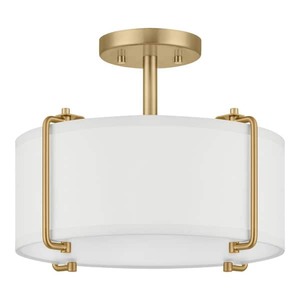 lot 52 image: Home Decorators Collection Brookley 14 in. 2-Light Brushed Gold Semi-Flush Mount with White Fabric Shade