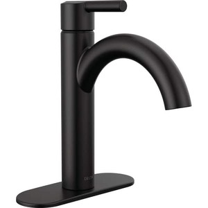 lot 108 image: Delta Nicoli J-Spout Single Hole Single-Handle Bathroom Faucet in Matte Black