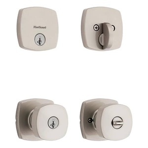 lot 174 image: NEW - Kwikset Arroyo Keyed Entry Knob and Single Cylinder Deadbolt Combo Pack featuring SmartKey Security in Satin Nickel