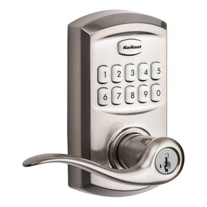 lot 197 image: Kwikset 917 SmartCode Satin Nickel Keypad Electronic Single-Cylinder Tustin Door Handle Featuring SmartKey Security