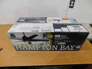 lot 31 image: Hampton Bay Mena 54 in. White Color Changing Integrated LED IndoorOutdoor Matte Black Ceiling Fan with Light Kit