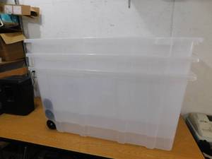 lot 163 image: (3) HDX 77 Gal. Tough Storage Tote with Wheels in Clear