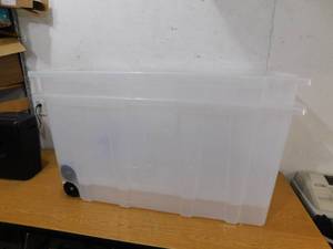 lot 164 image: (2) HDX 77 Gal. Tough Storage Tote with Wheels in Clear